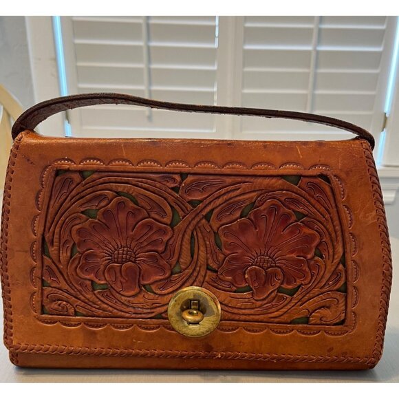 Handmade Handbags - Vintage Tooled Cut Out Leather Handbag Purse Brown Green